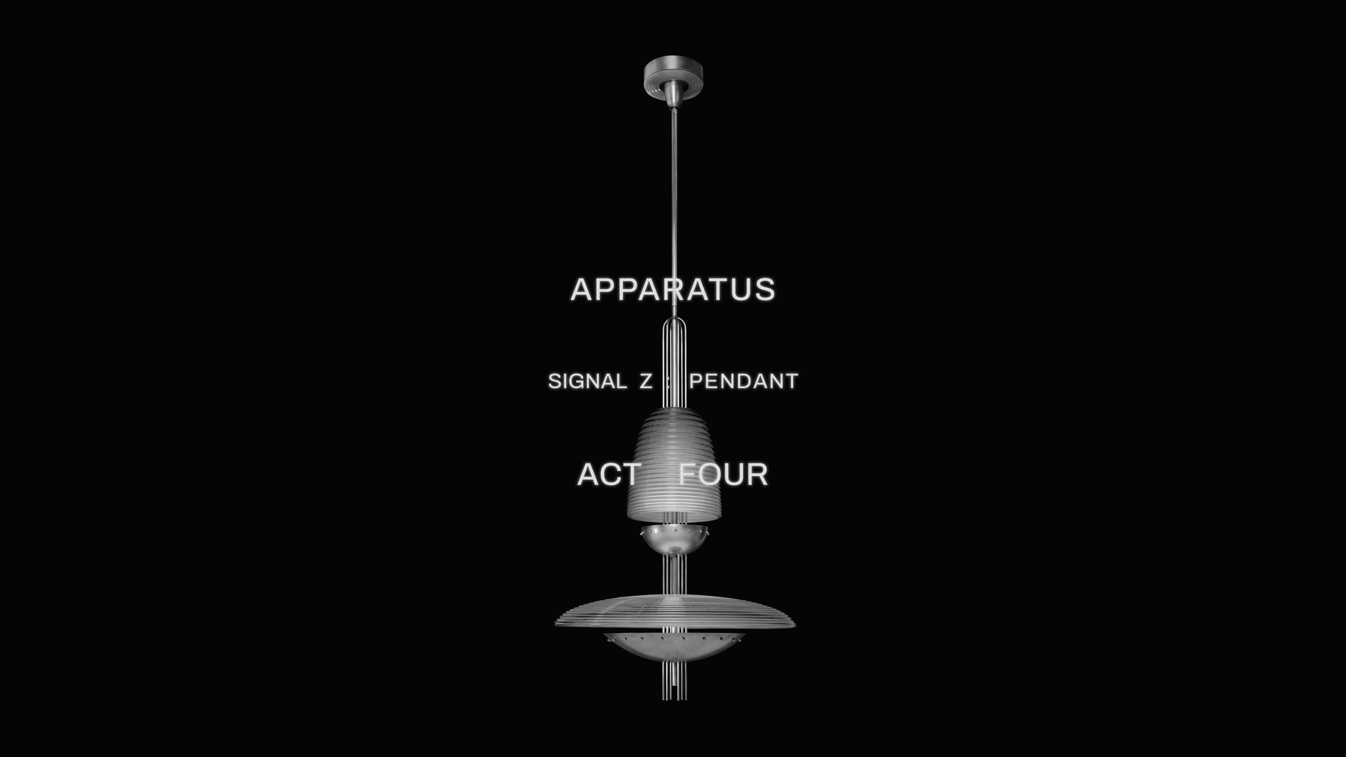 Suspended industrial-style pendant light fixture with conical shade and disc-shaped diffuser on black background with text.