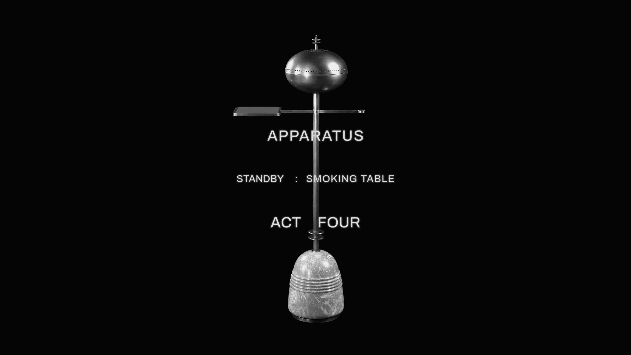 Sculptural smoking table with rounded metallic top and cylindrical base against a black background with text overlay