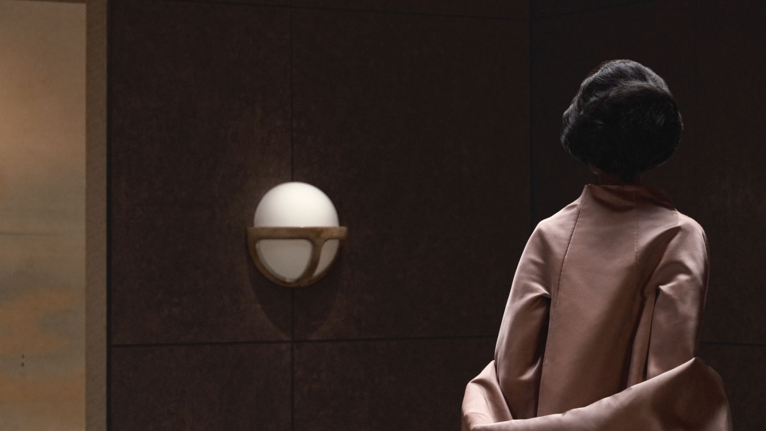 Back view of a person in a taupe coat standing near a modern round wall lamp with a dark paneled background
