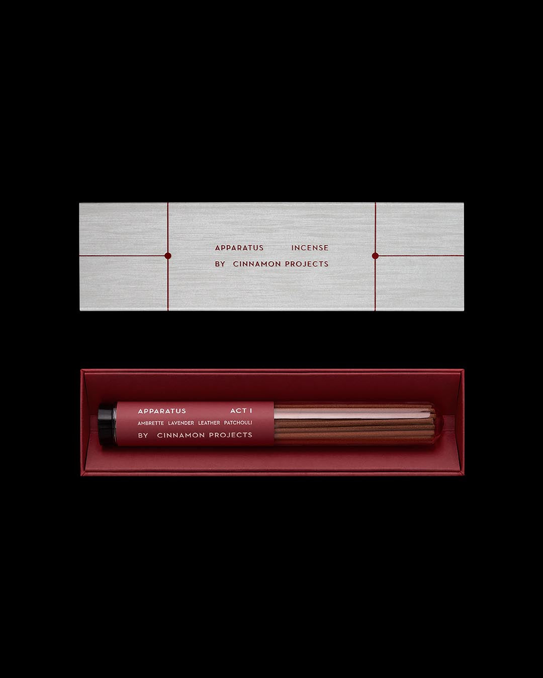 Top view of rectangular box with apparatus incense sticks in glass tube labeled Act I with red and white packaging on black background