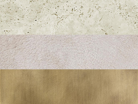 Three horizontal bands showing different textures: a beige marbled stone, a soft light pink fabric, and a warm brown suede-like material.