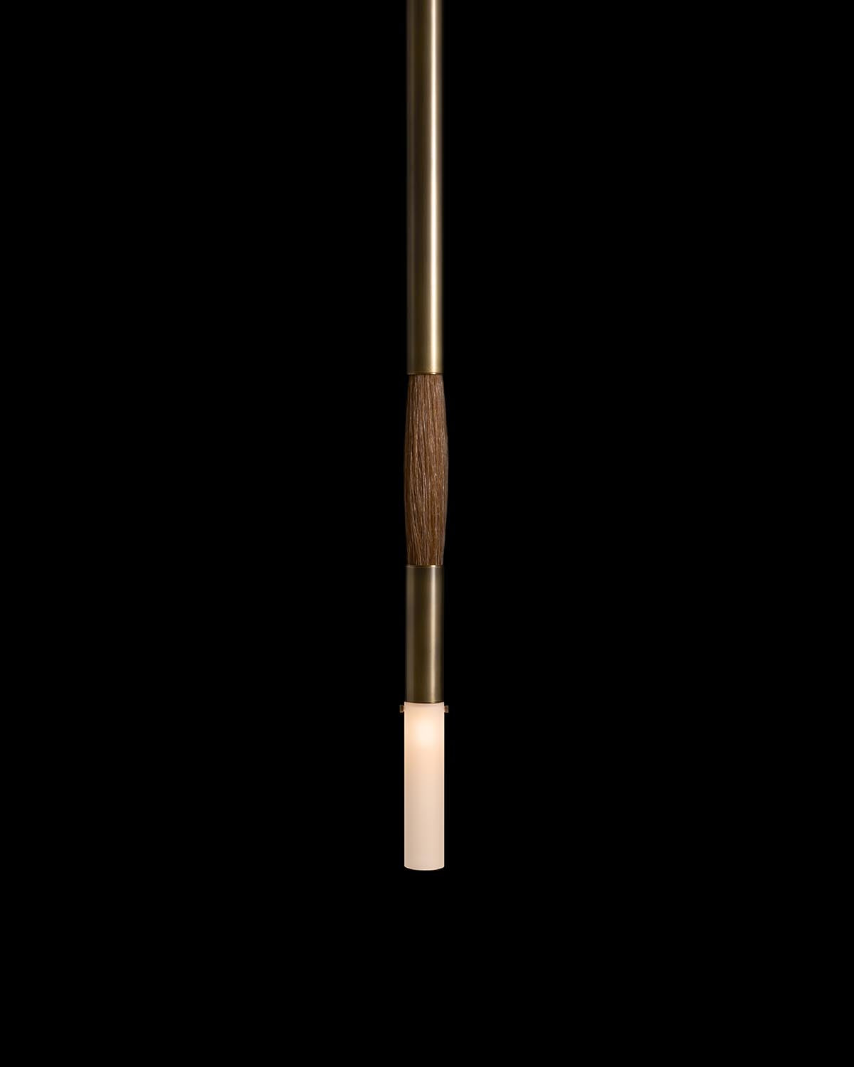 Vertical pendant light with brass finish and textured horsehair detail against a black background