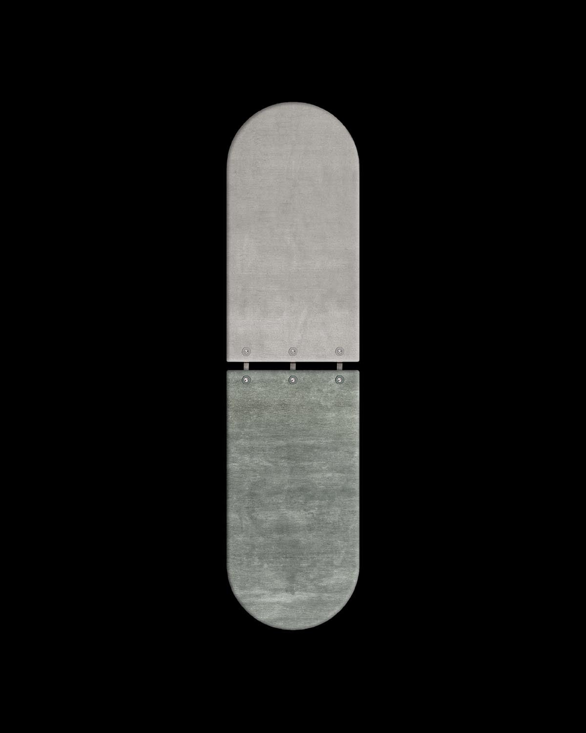 Top and bottom rounded rectangular panels joined by visible metal fasteners on a black background