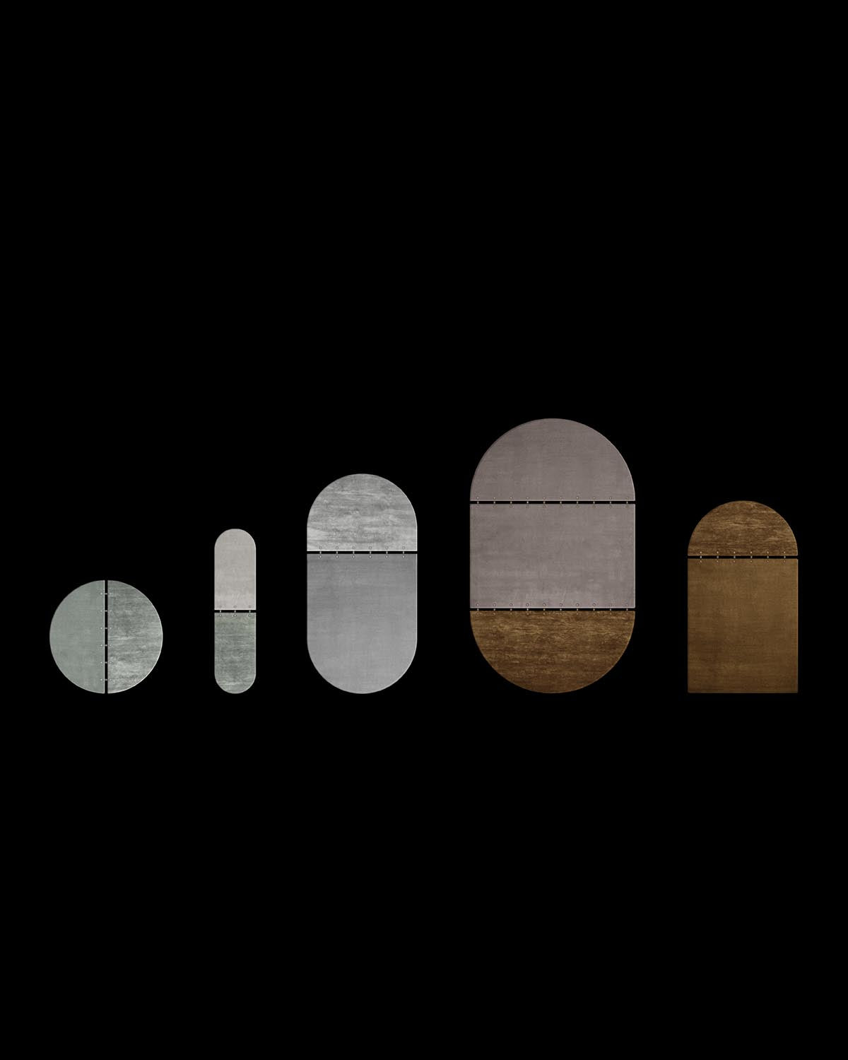 Set of five abstract geometric shapes with divided textured surfaces in neutral tones on black background