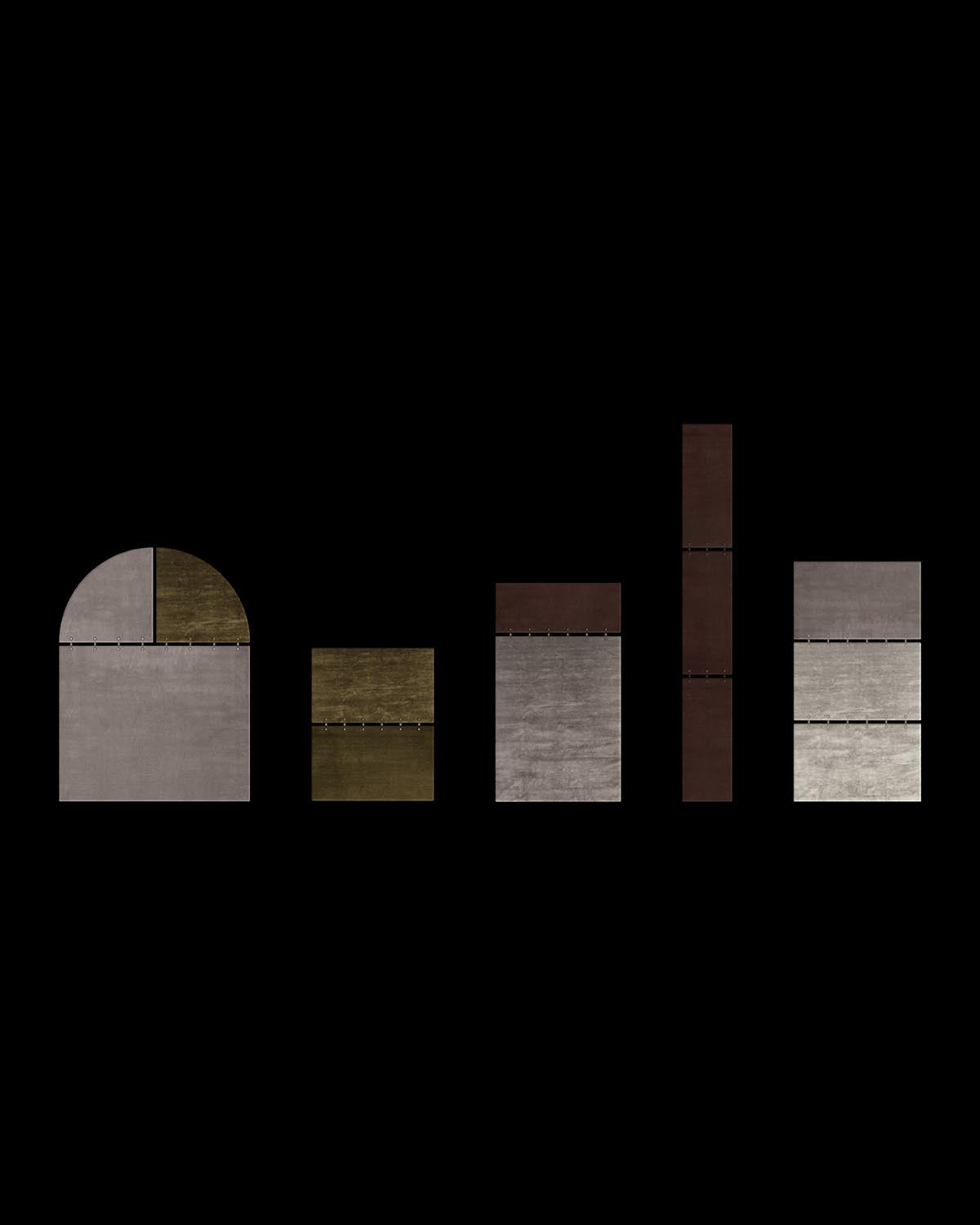 Arrangement of geometric shapes in muted brown, grey, and olive tones on a black background with stitched details
