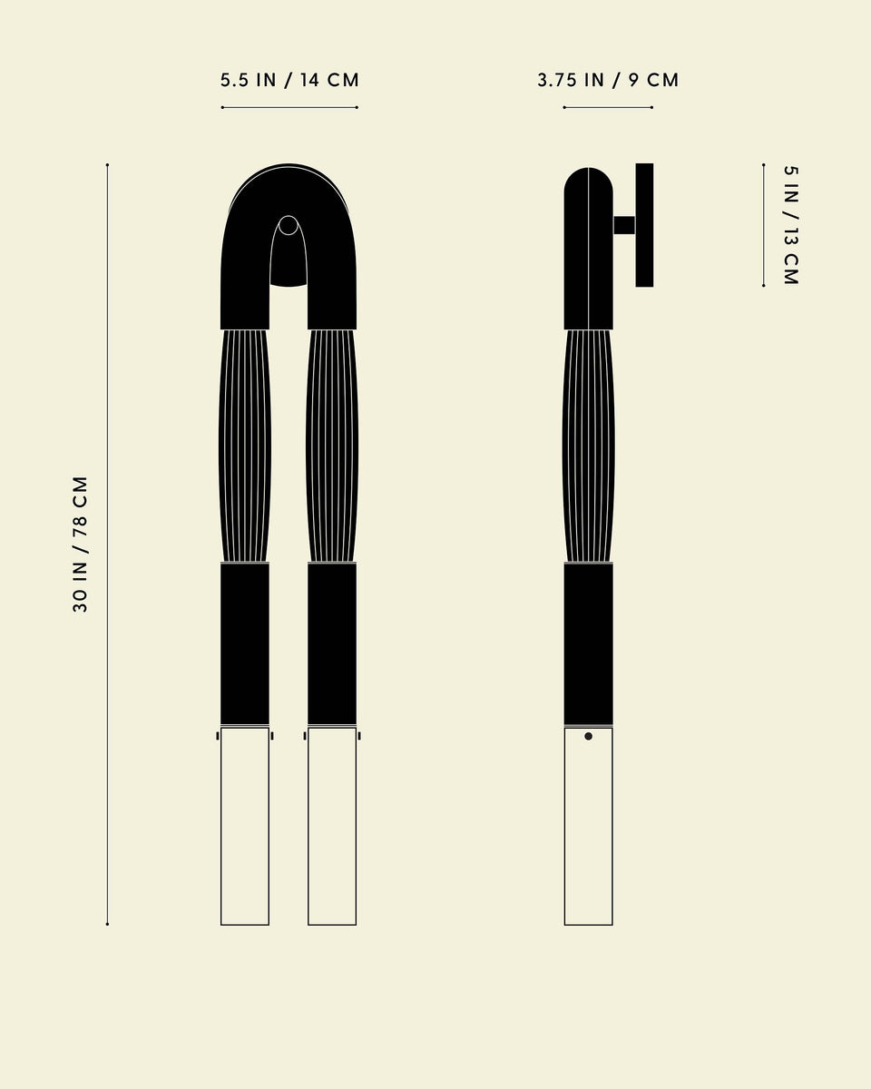 Technical black and white line drawing of a curved tool with detailed measurements on a beige background