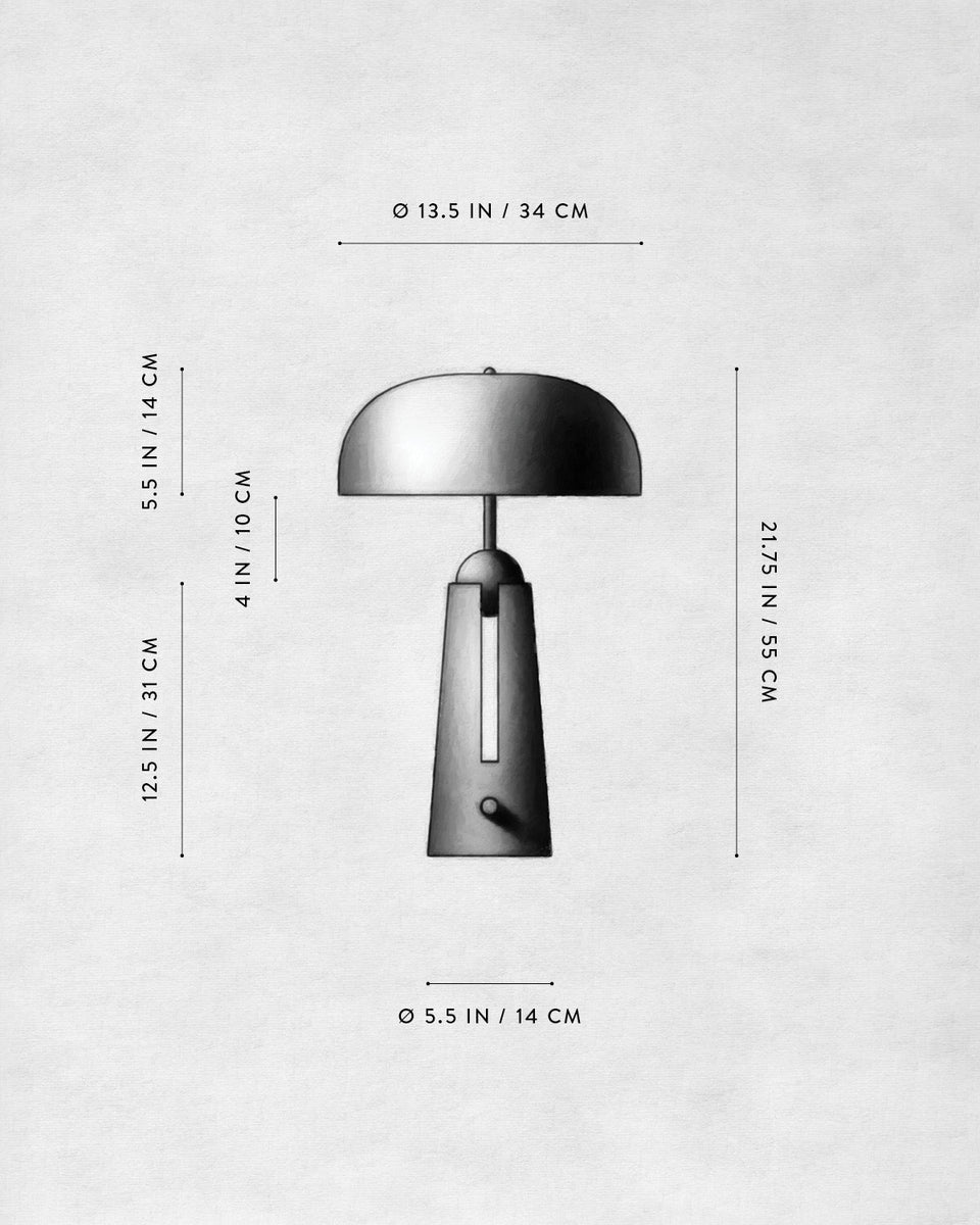 Monochrome side view of a modern table lamp with dimensions labeled on a textured light gray background