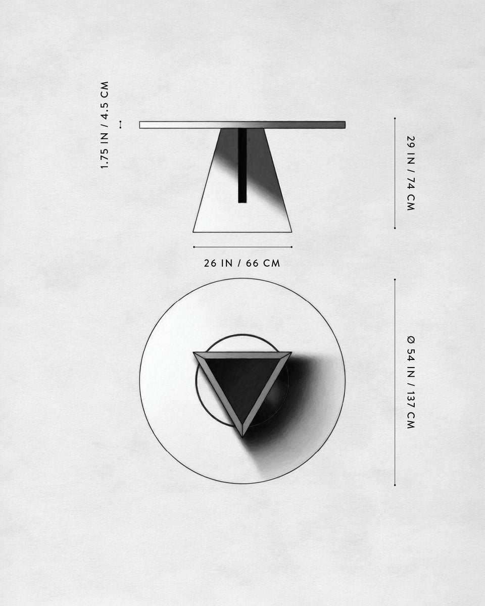 Technical drawing of a round table with a triangular central base, showing dimensions from top and side views on white background