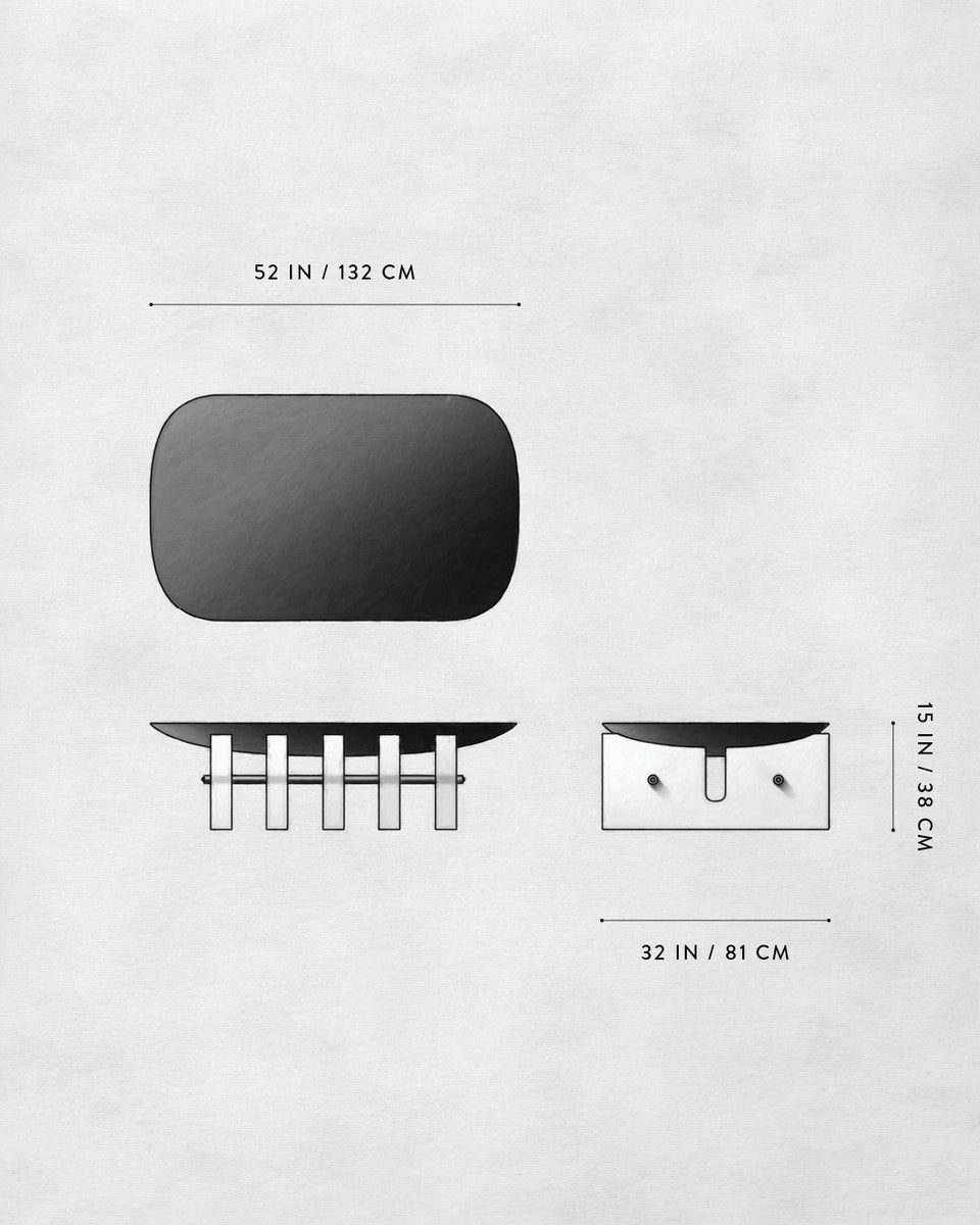 Technical sketch of a rounded rectangular object with front, side, and top views and dimensional measurements on a light background