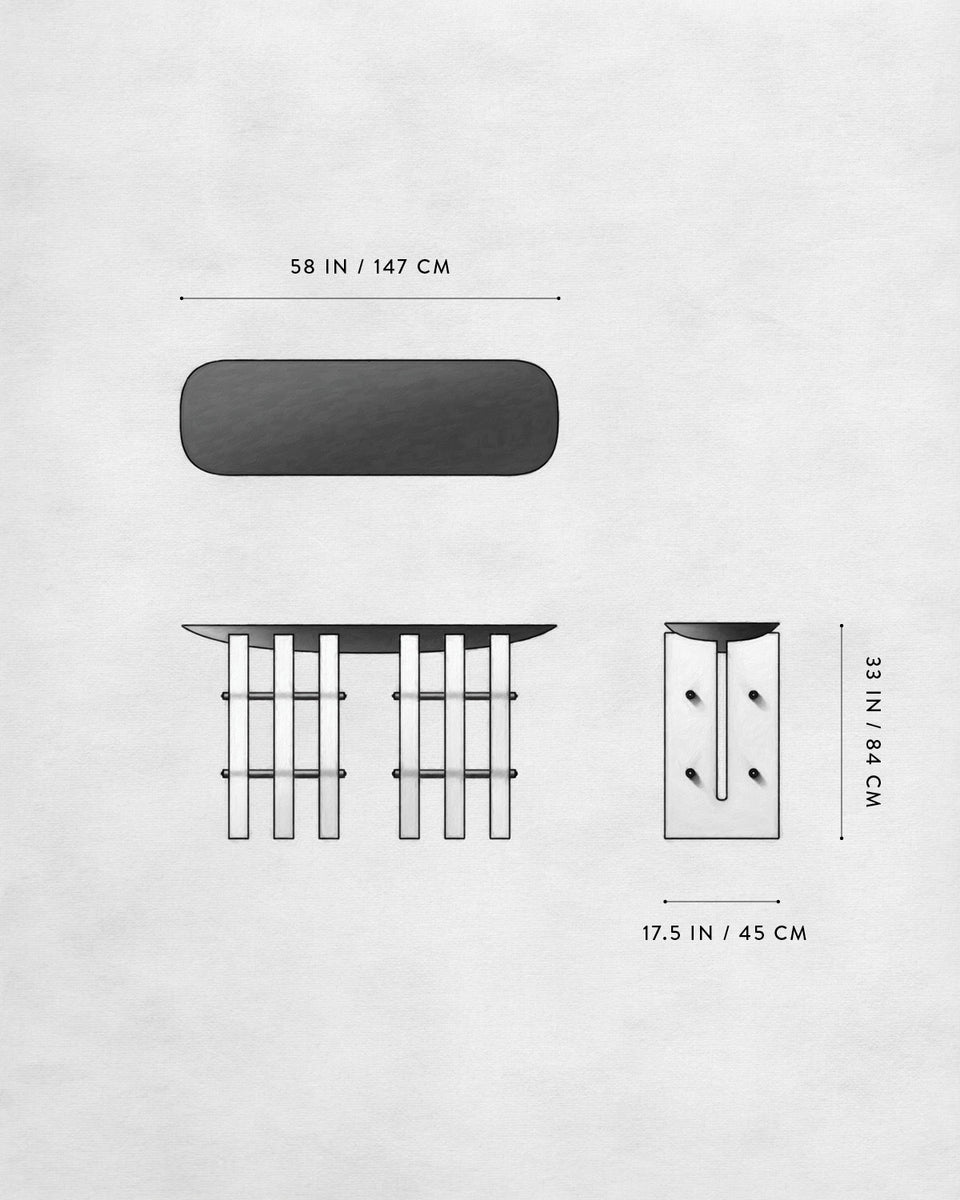 Top, front, and side views of a modern bench design with dimensions on a plain white background