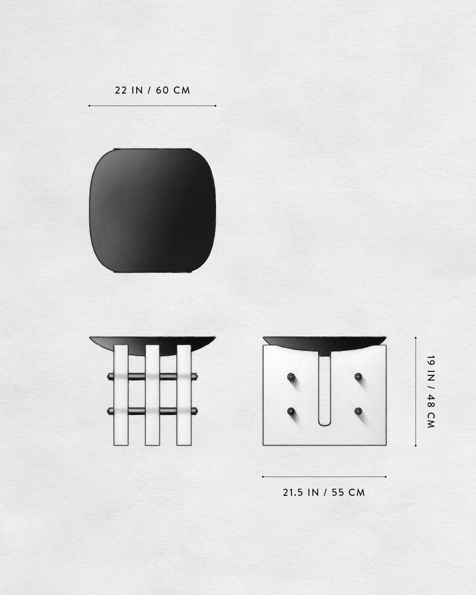 Technical drawing of a chair showing top, front, and side views with dimensions on a white background