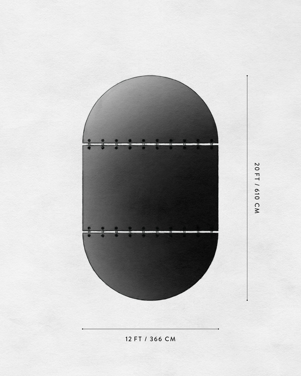 Top-down view of an elongated oval object with measurement lines indicating 20 ft by 12 ft on a textured white background
