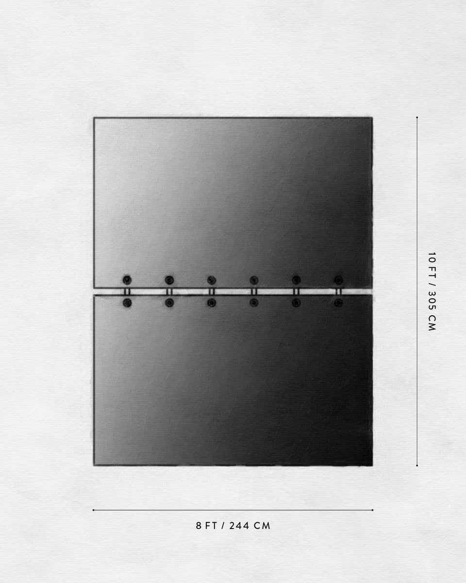 Top-down view of two large rectangular black panels side by side connected by six metal hinges on a white surface with size markers
