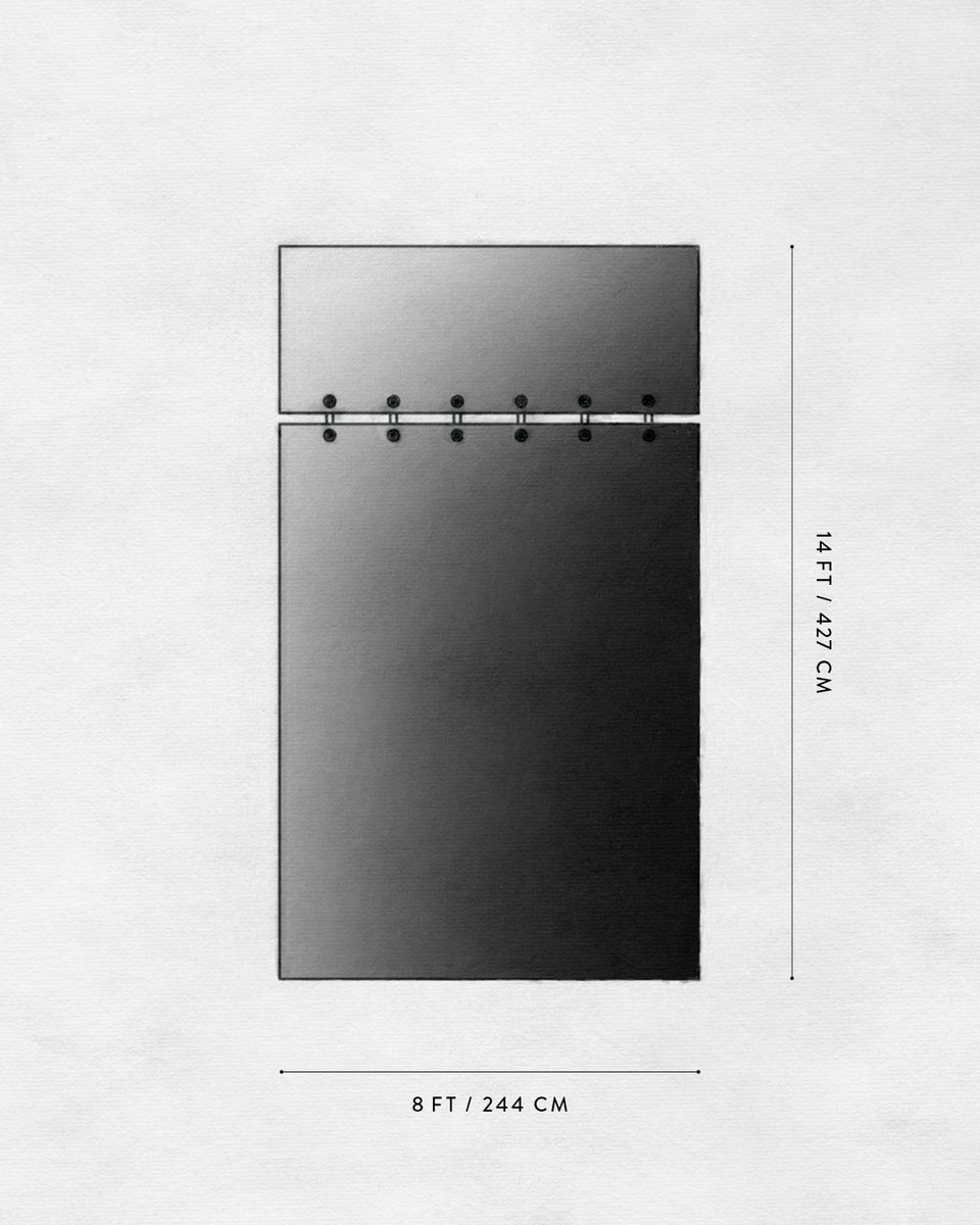 Top-down view of a rectangular area rug with a smaller rectangular section and six evenly spaced hooks along the dividing line on a white background