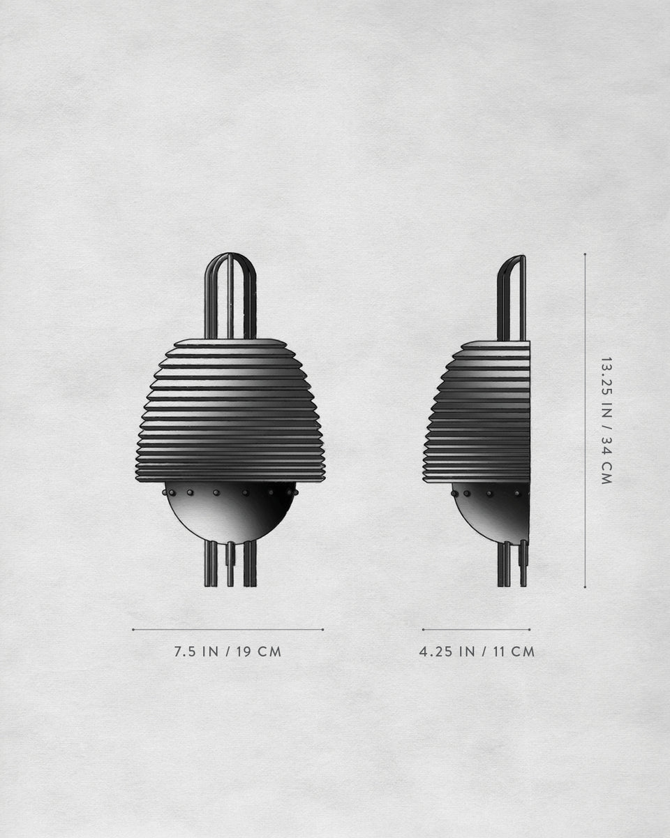 Technical drawing of a ribbed, rounded object with handles and measurements on a textured light background