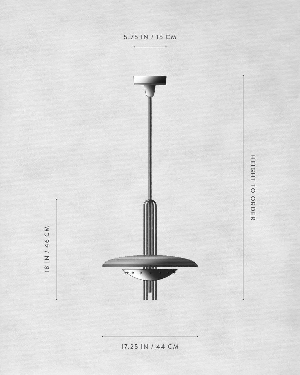 Minimalist pendant light fixture with circular shade and slender rod hanging against a light gray background with dimensions shown