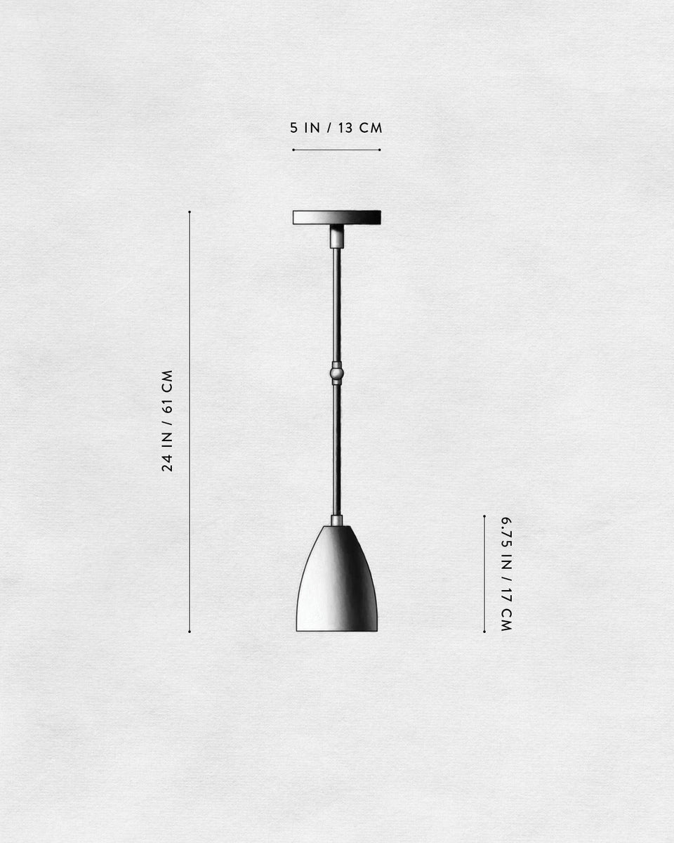 Technical drawing of a pendant light fixture with dimensions labeled on a textured white background